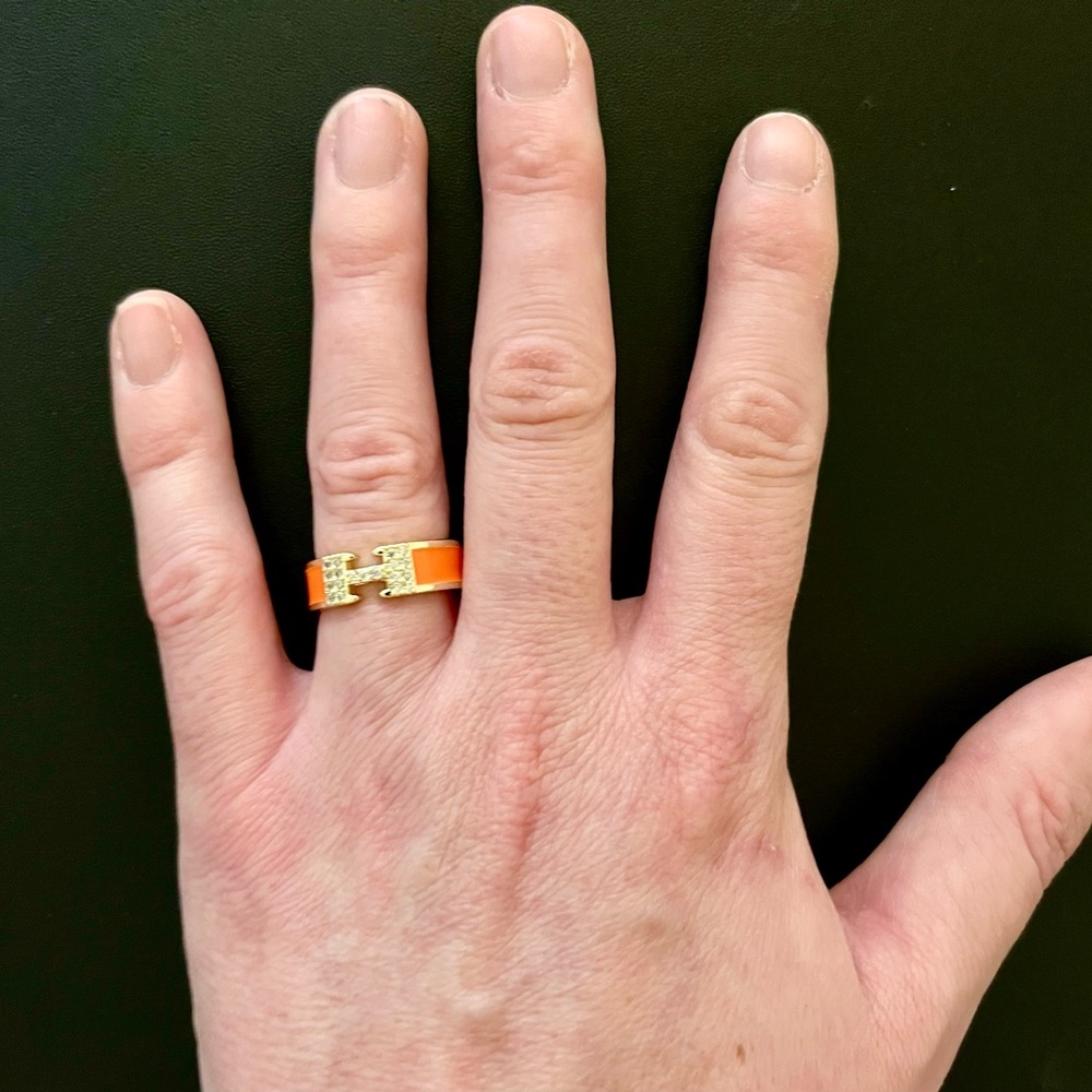 H Orange and Gold Plated Ring w/Rhinestones